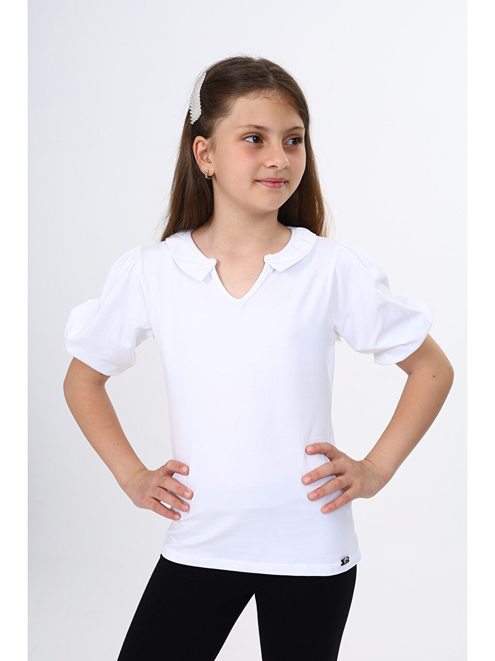 Beyaz Kız Çocuk Balon Kol Tişört-4