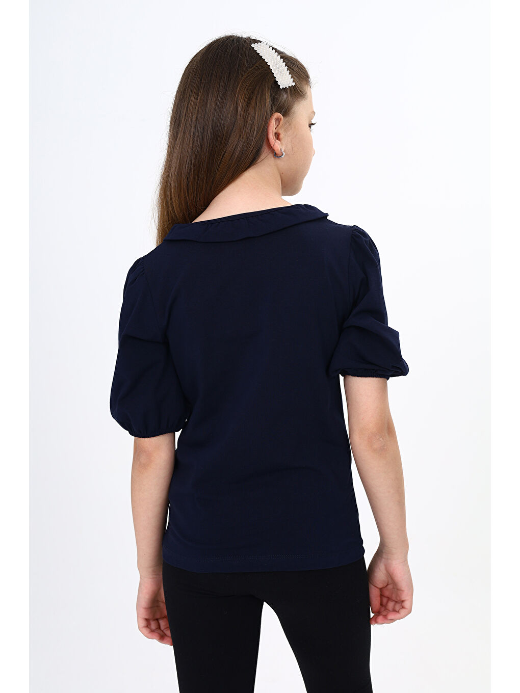 Lacivert Kız Çocuk Balon Kol Tişört-2