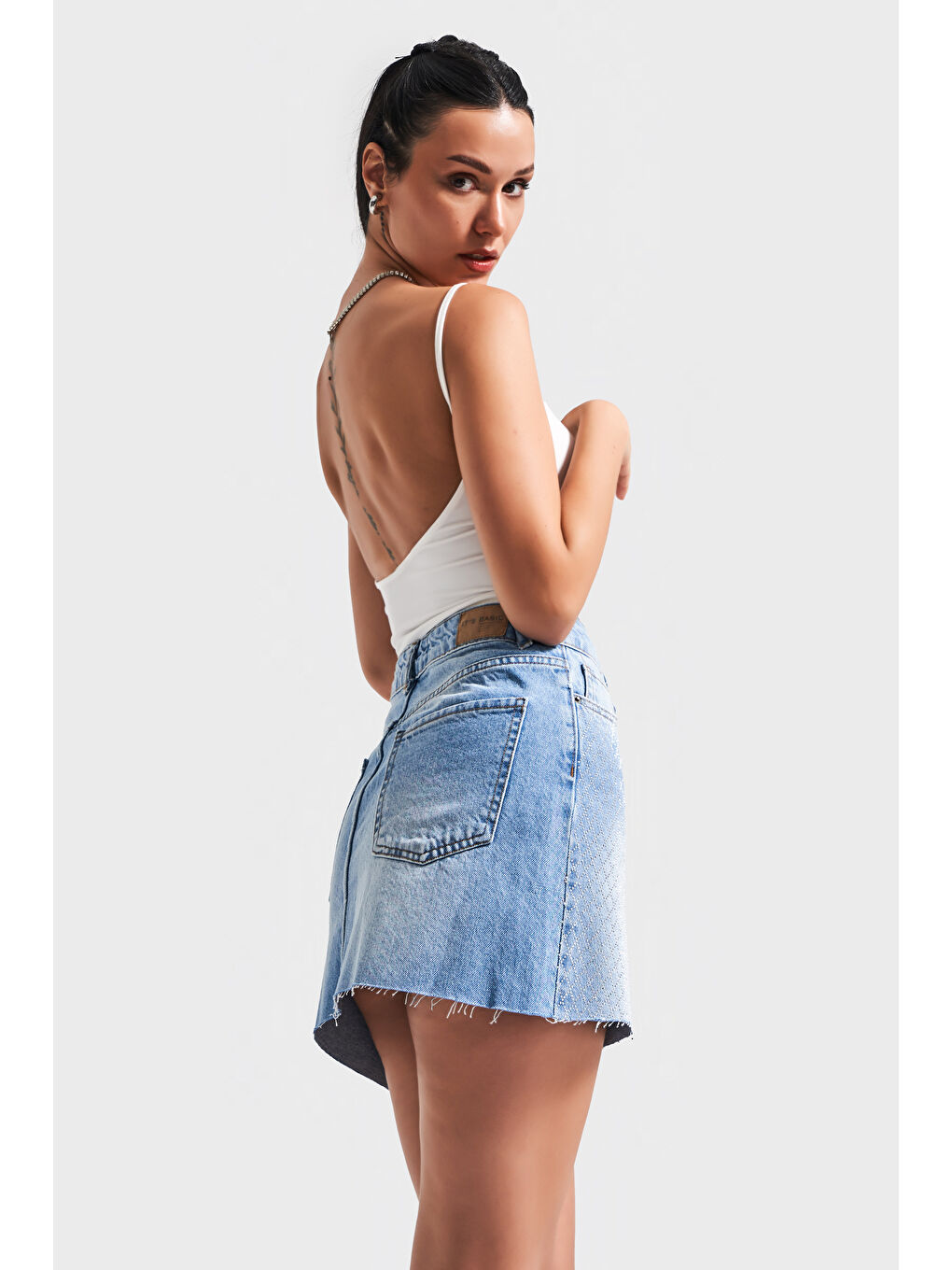 Kadın Mavi Renk T-2s5-4 Parlak Taşlı Midi Boy %100 Pamuk 42 Cm Tasarım Denim Etek-4