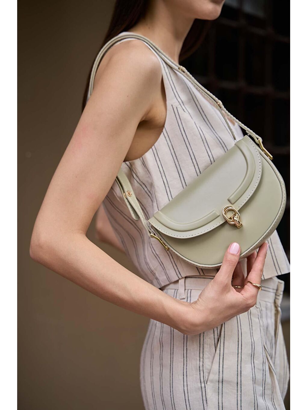 Yeşil Mini Metal Kilit Kapaklı Omuz Çantası Mint-2