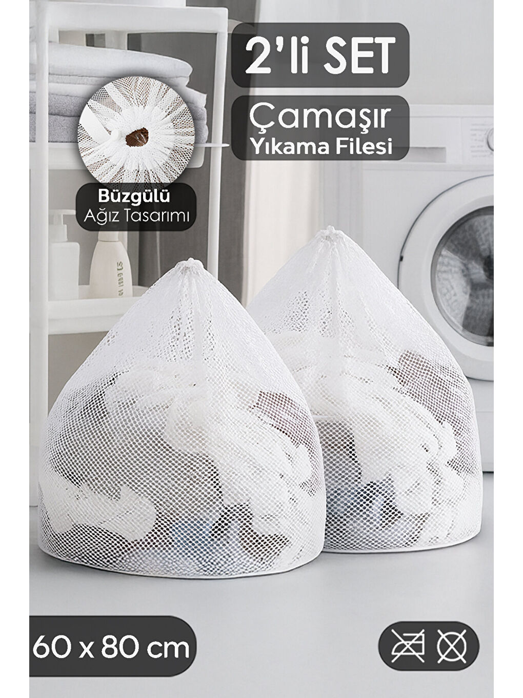 Beyaz 2'li Perde ve Çamaşır Yıkama Filesi Seti