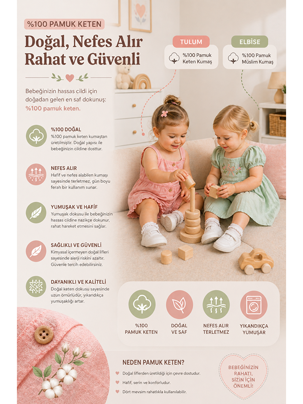 Yeşil Kız Bebek Müslin Kumaş Elbise-Keten Kumaş Tulum %100 Pamuklu (2'li Paket)-2