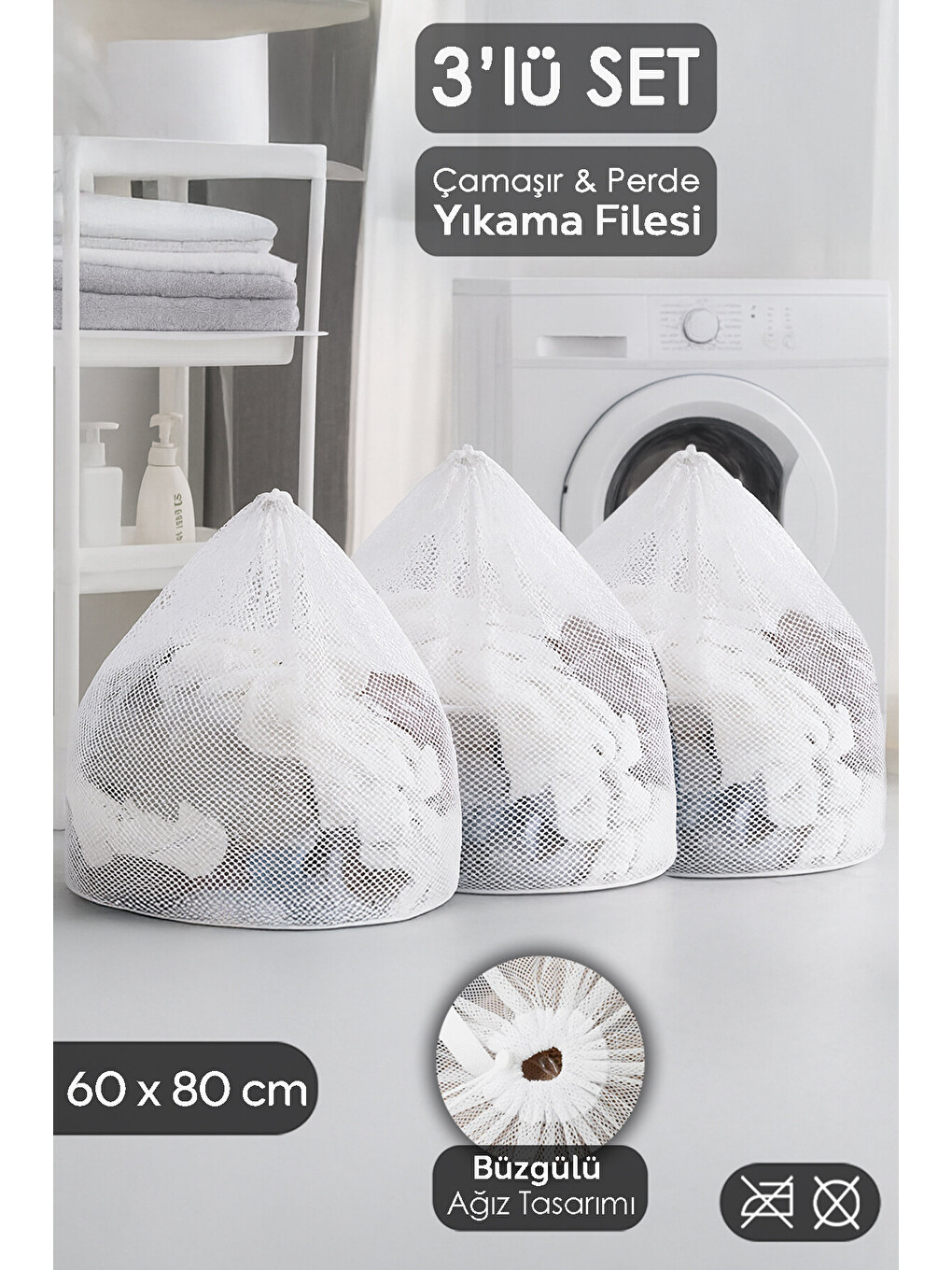 Beyaz 3'lü Perde ve Çamaşır Yıkama Filesi Seti