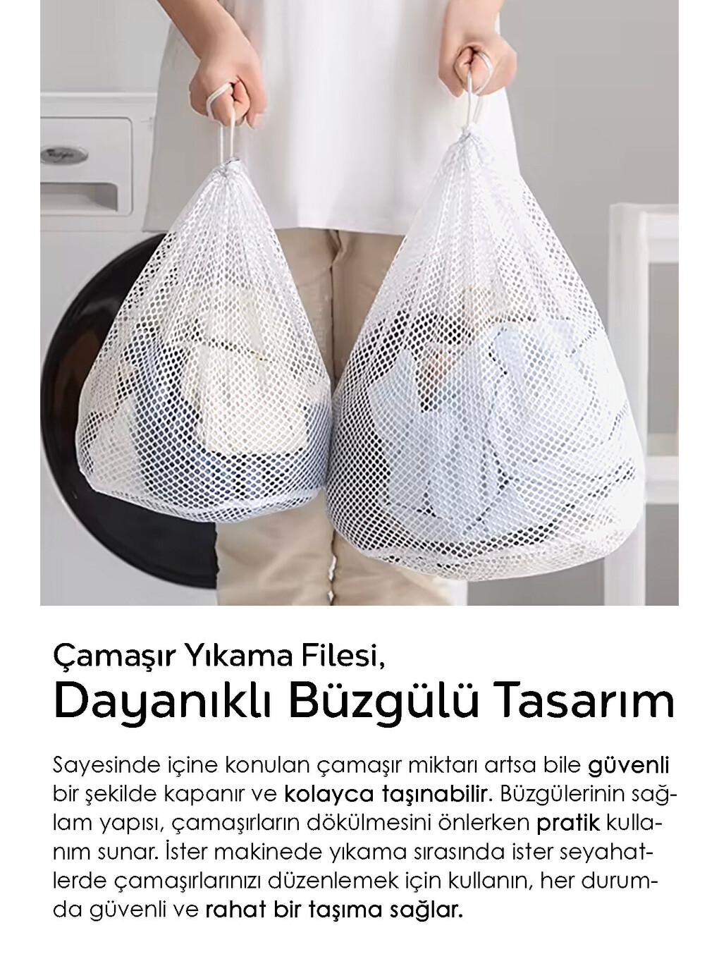 Beyaz 3'lü Perde ve Çamaşır Yıkama Filesi Seti-1