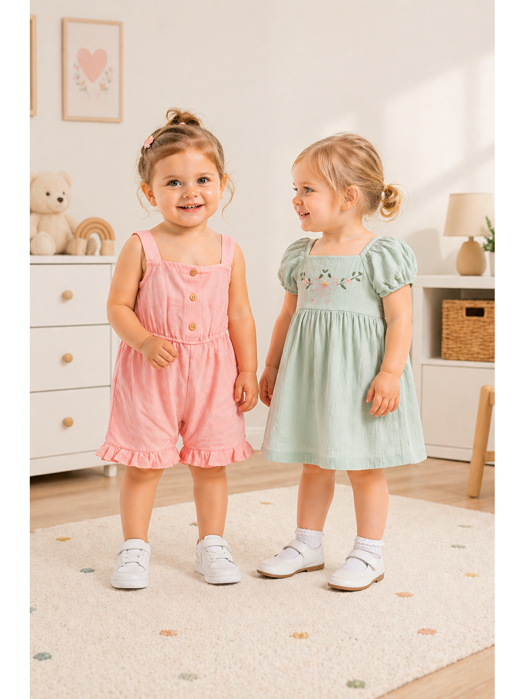 Yeşil Kız Bebek Müslin Kumaş Elbise-Keten Kumaş Tulum %100 Pamuklu (2'li Paket)-3