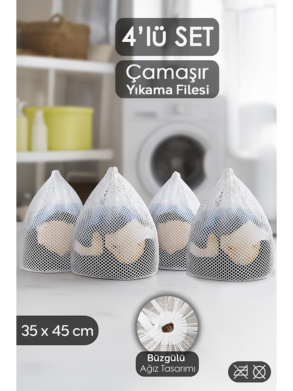 Beyaz 4'lü İpli Çamaşır Yıkama Filesi Seti