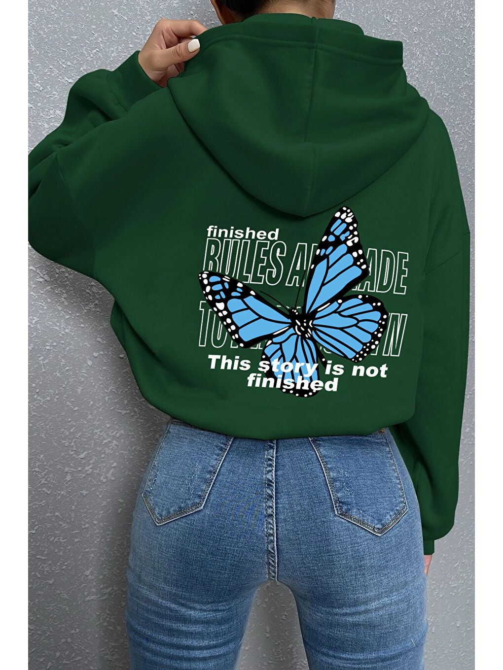 uyguntarz Yeşil Unisex Kelebek Sırt Baskılı Sweatshirt