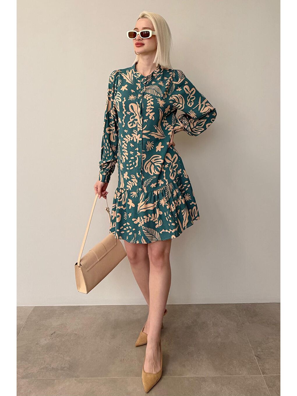 Mint Yeşili Desenli Kısa Kadın Elbise Mg2429