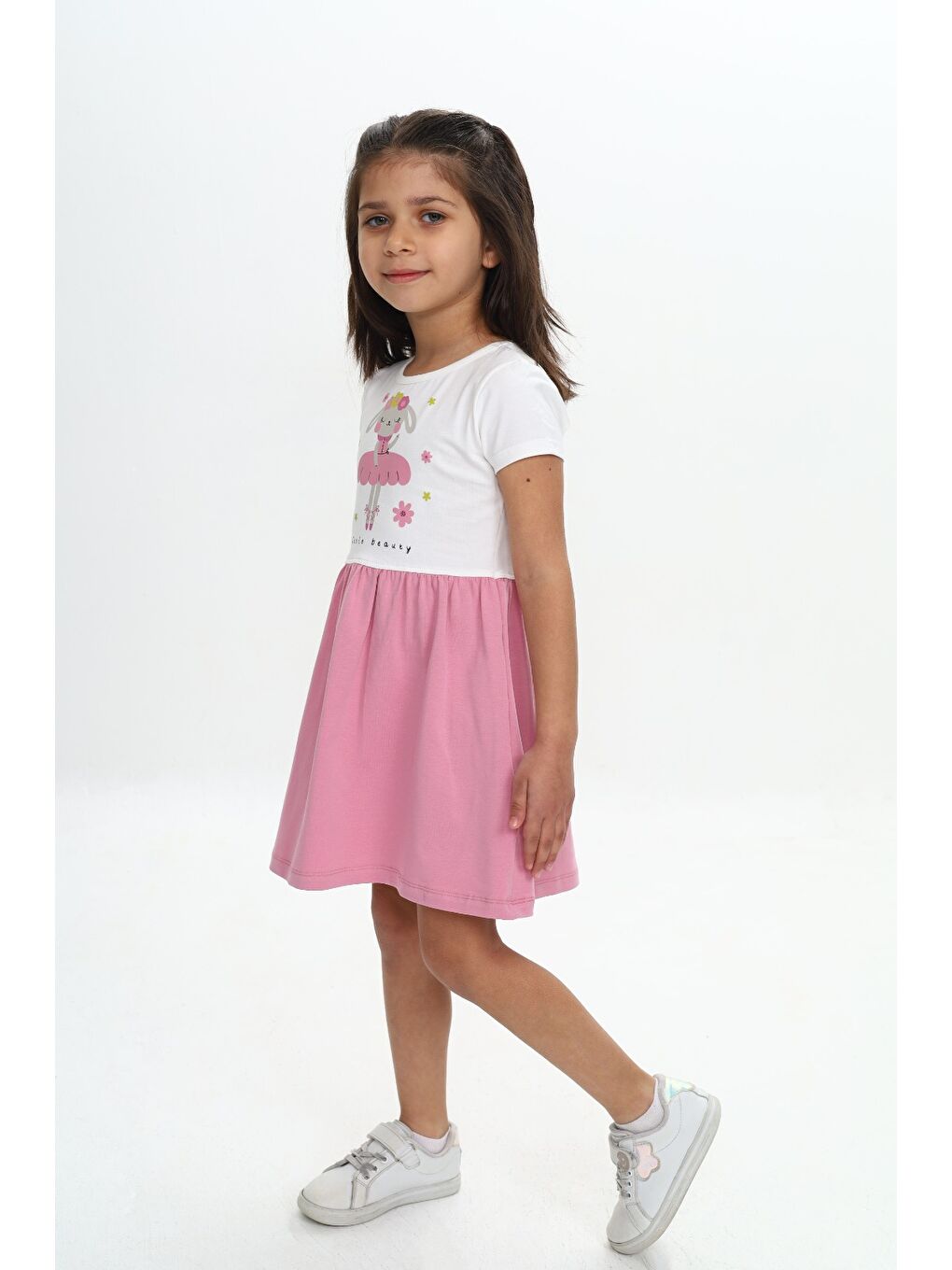 Pembe Kız Çocuk Tavşan Çiçek Baskılı Elbise-1
