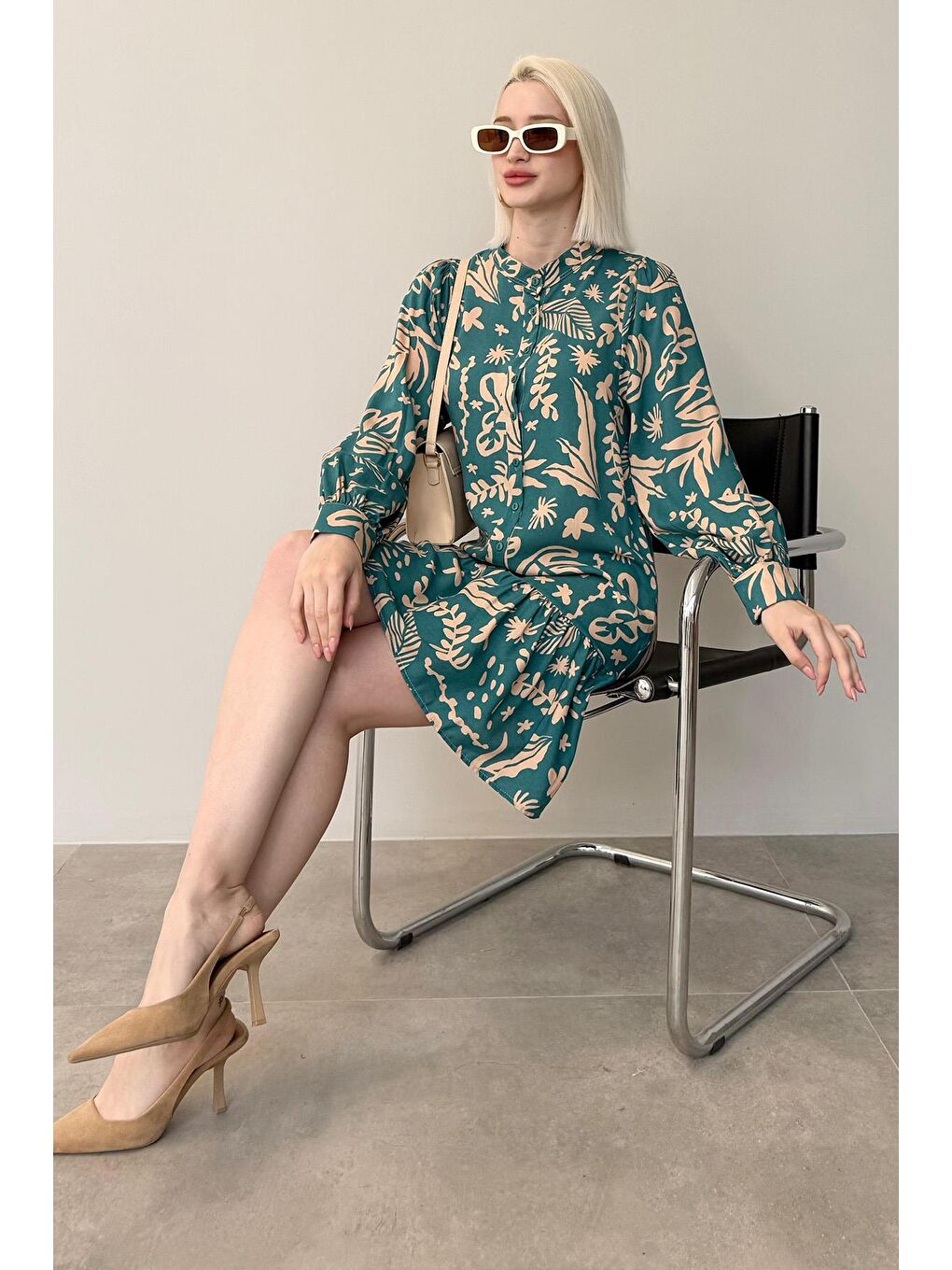 Mint Yeşili Desenli Kısa Kadın Elbise Mg2429-1