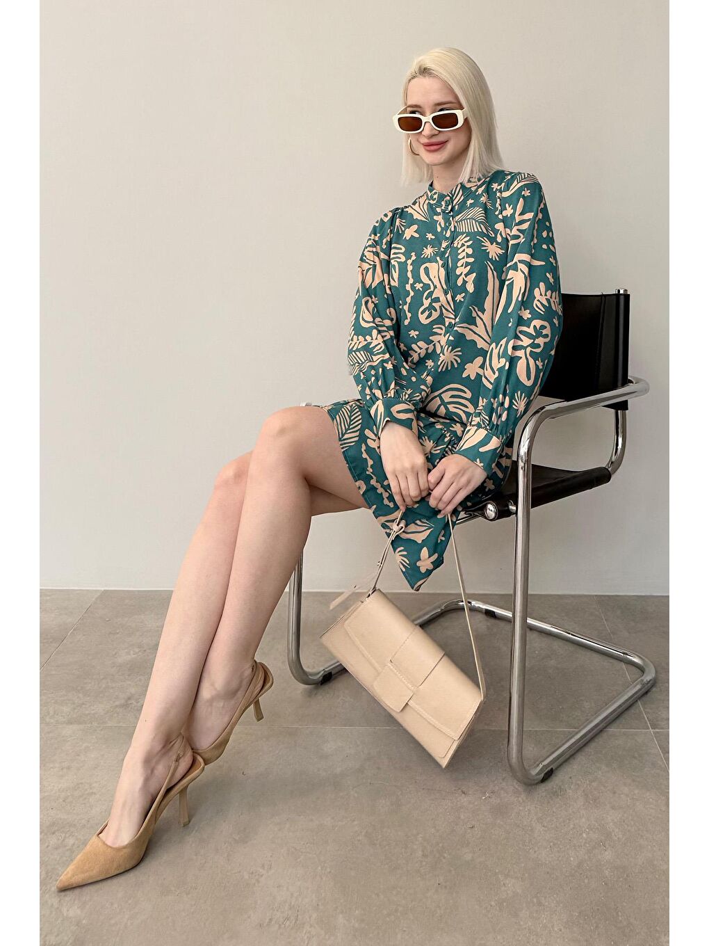 Mint Yeşili Desenli Kısa Kadın Elbise Mg2429-3