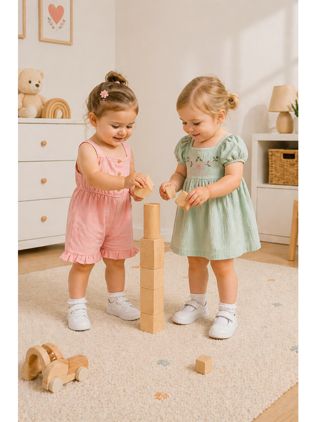 Yeşil Kız Bebek Müslin Kumaş Elbise-Keten Kumaş Tulum %100 Pamuklu (2'li Paket)-5