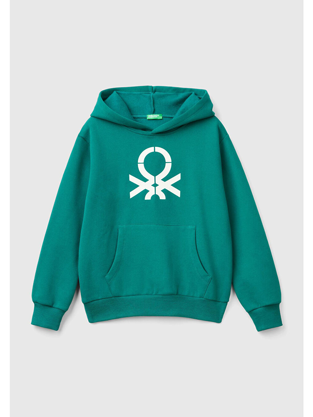 Erkek Çocuk Çam Yeşili Önü Logo Baskılı Kanguru Cepli Kapüşonlu Sweatshirt