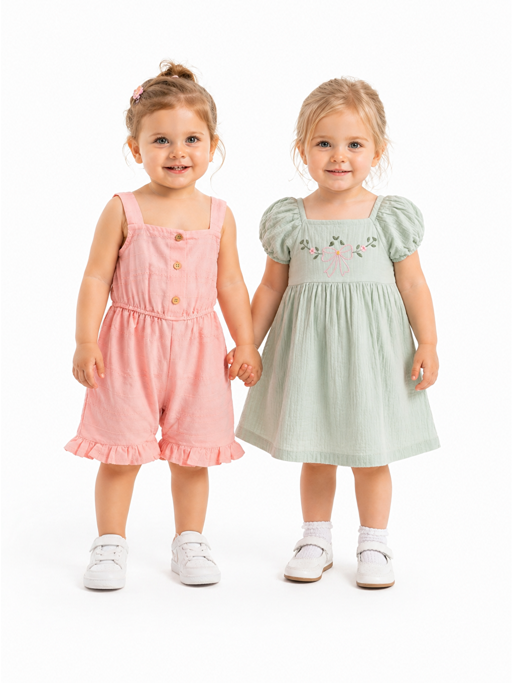 Yeşil Kız Bebek Müslin Kumaş Elbise-Keten Kumaş Tulum %100 Pamuklu (2'li Paket)-6