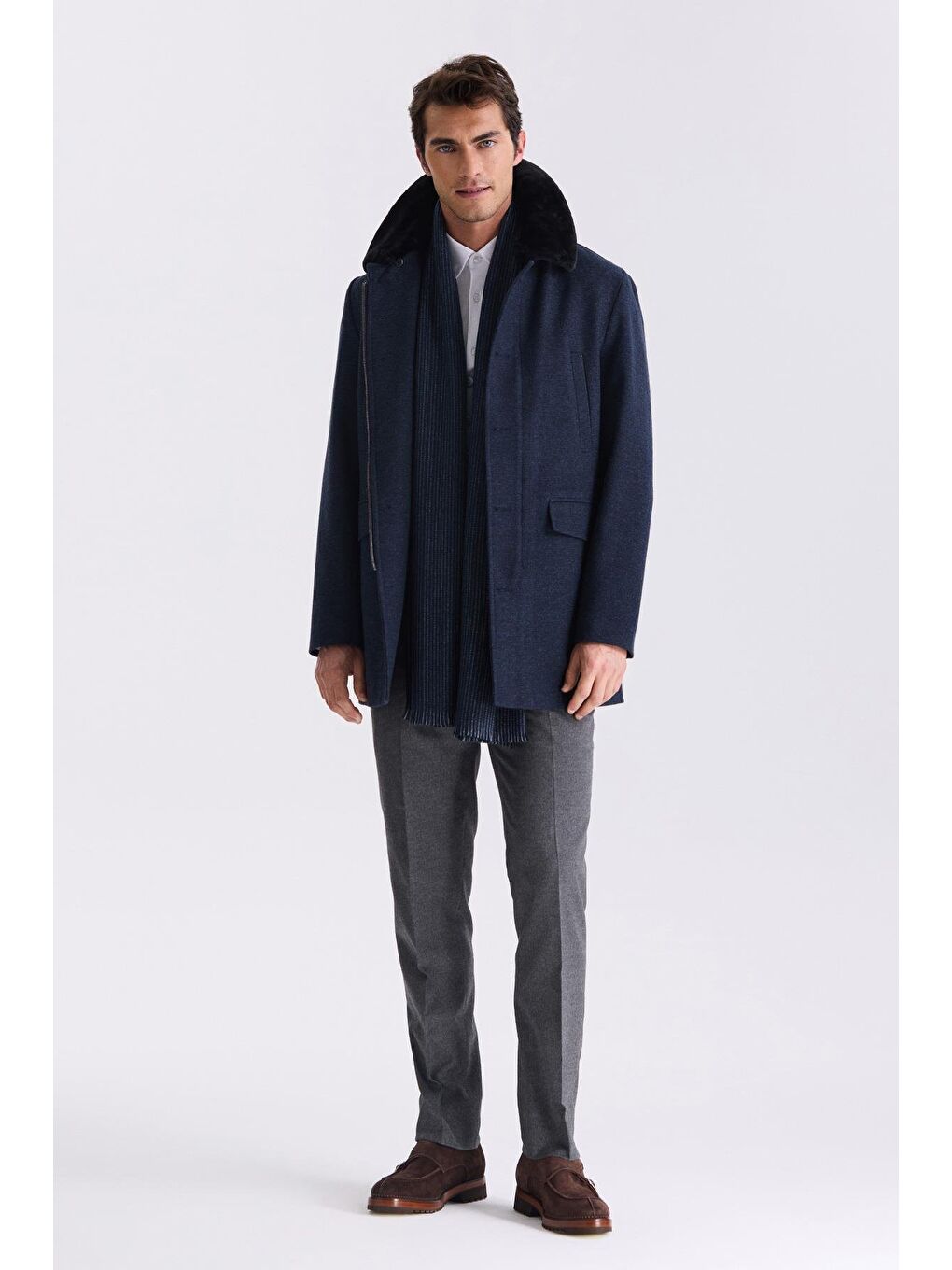 Lacivert Regular Fit Çıkarılabilir Kürklü Yaka Desenli Yünlü Kaban-1