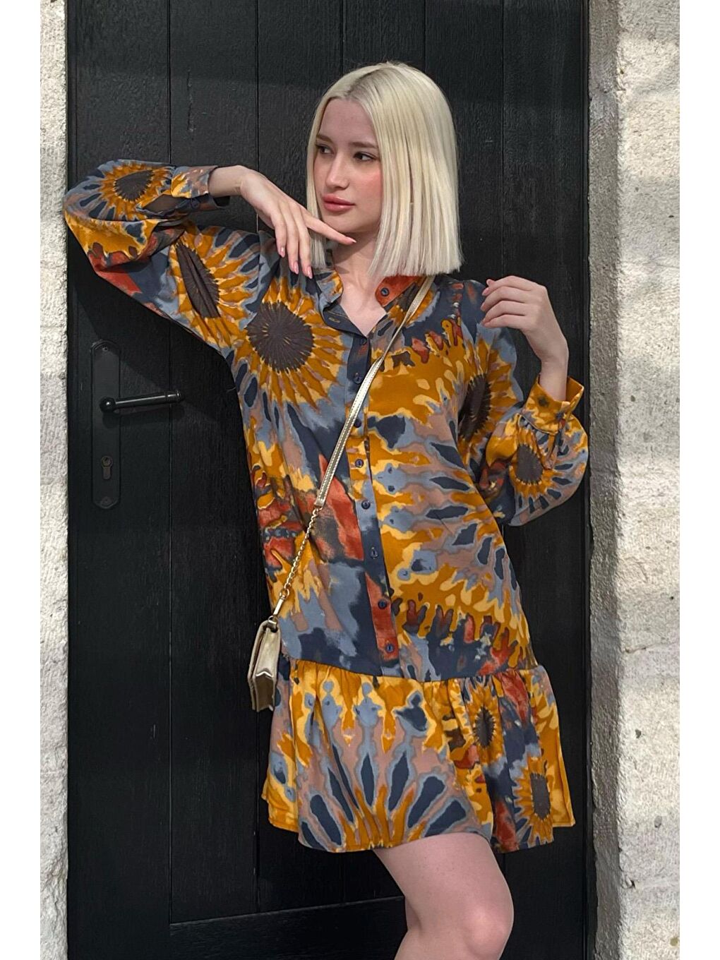 Sarı Hardal Desenli Kısa Kadın Elbise Mg2429-1