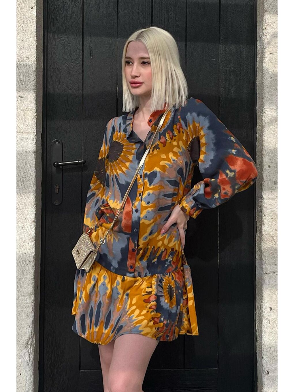 Sarı Hardal Desenli Kısa Kadın Elbise Mg2429-2