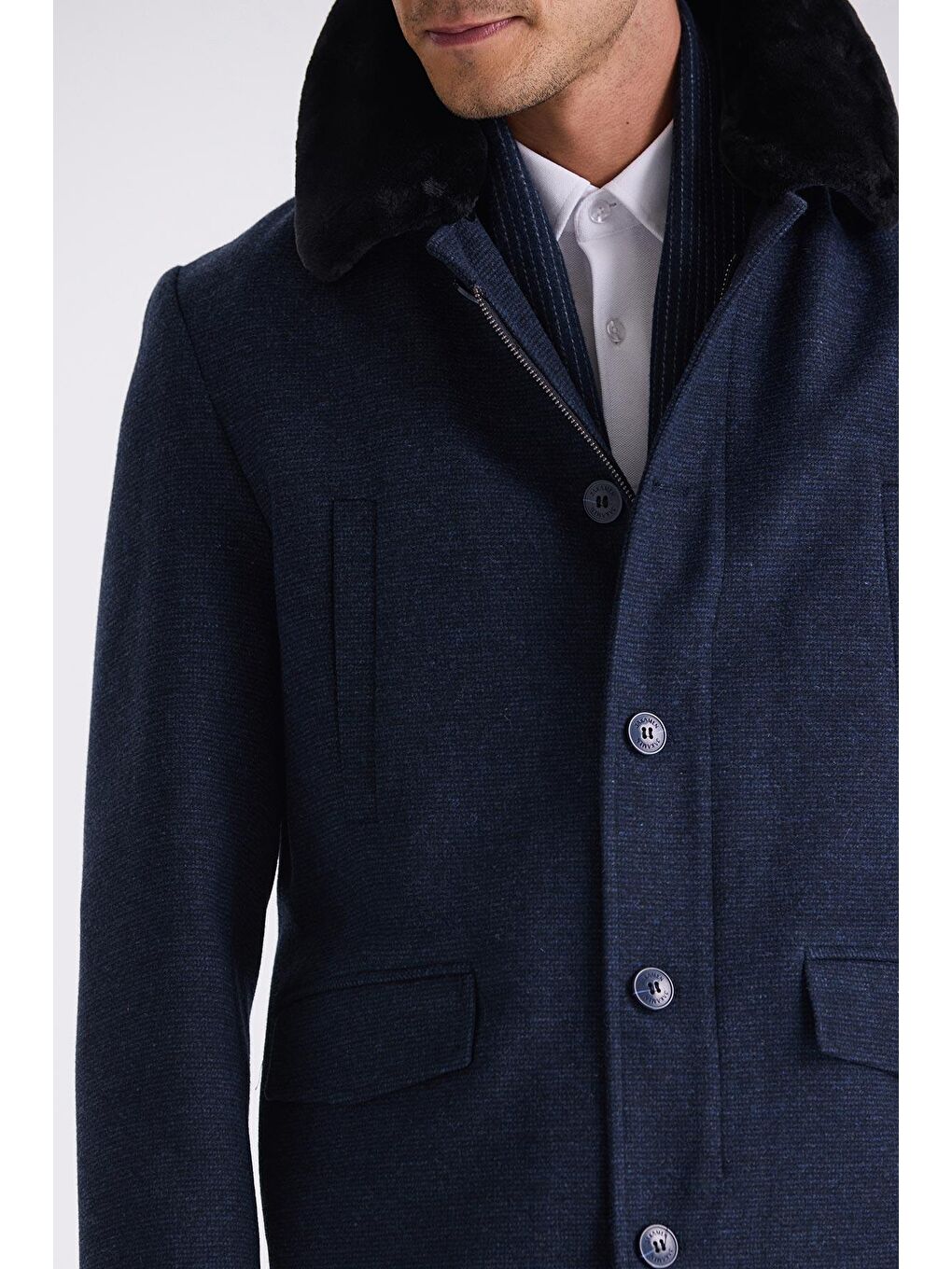 Lacivert Regular Fit Çıkarılabilir Kürklü Yaka Desenli Yünlü Kaban-2