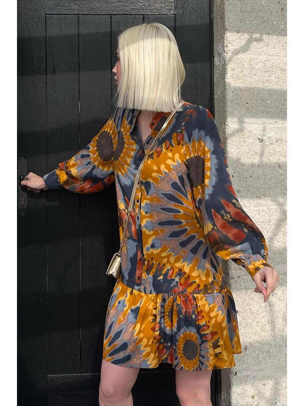 Sarı Hardal Desenli Kısa Kadın Elbise Mg2429-3