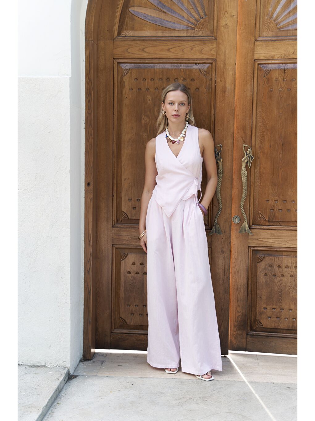 Moibel Bağcık Detay Pembe Crop Pantolon Takım-1