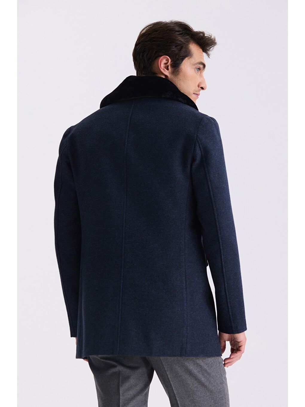 Lacivert Regular Fit Çıkarılabilir Kürklü Yaka Desenli Yünlü Kaban-3