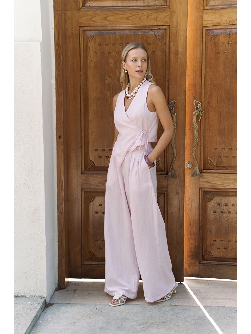 Moibel Bağcık Detay Pembe Crop Pantolon Takım-2