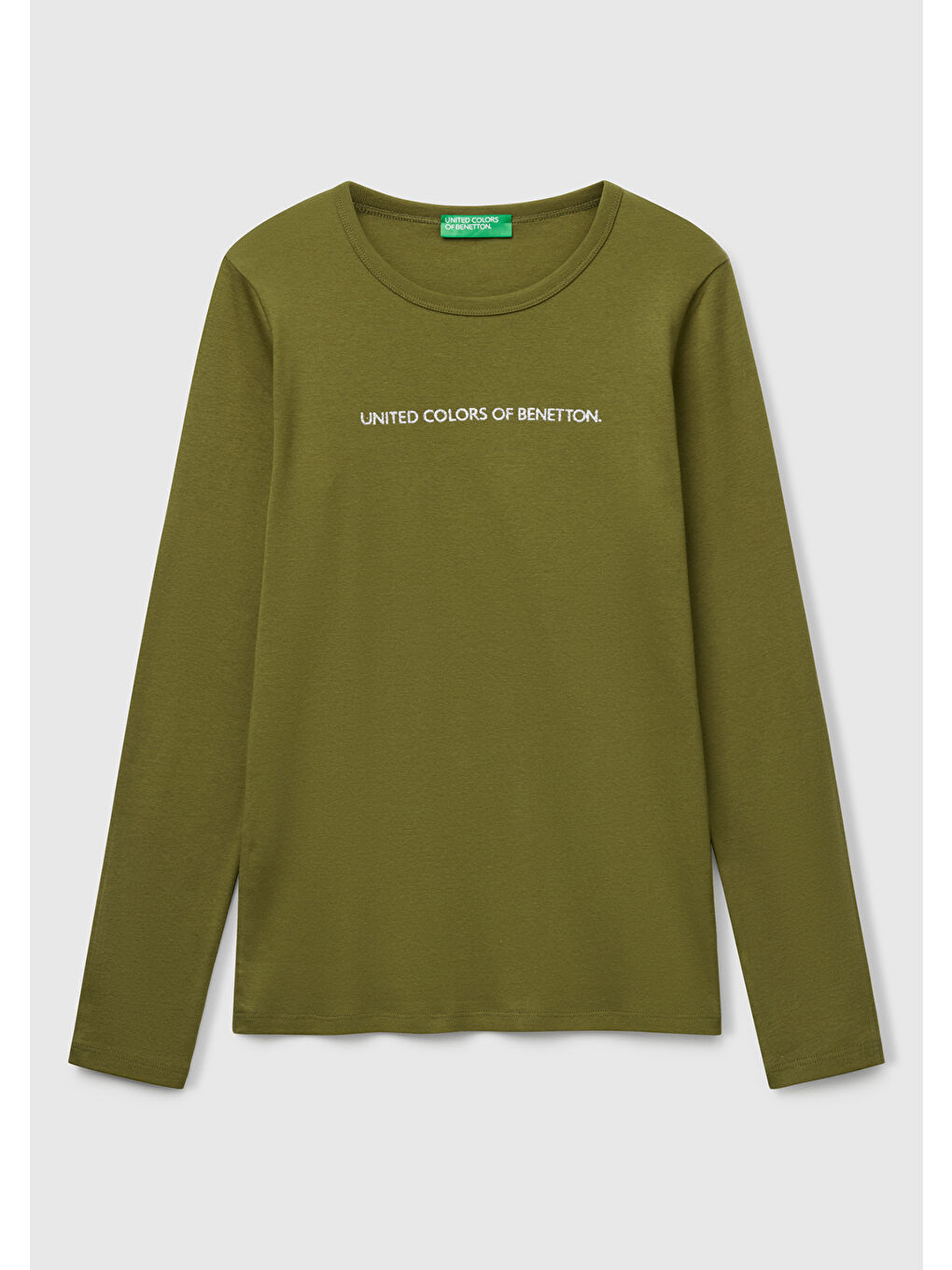 Kadın Haki Yeşili %100 Pamuk Bisiklet Yaka Benetton Yazılı Uzun Kollu T-Shirt-1