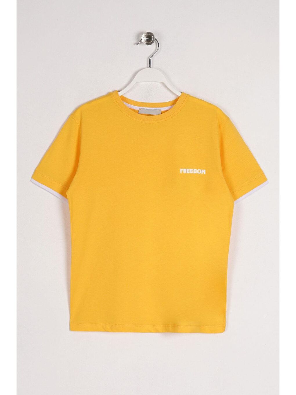 Sarı Bisiklet Yaka Kısa Kol Freedom Baskılı Hardal Renk Erkek Çocuk Tshirt