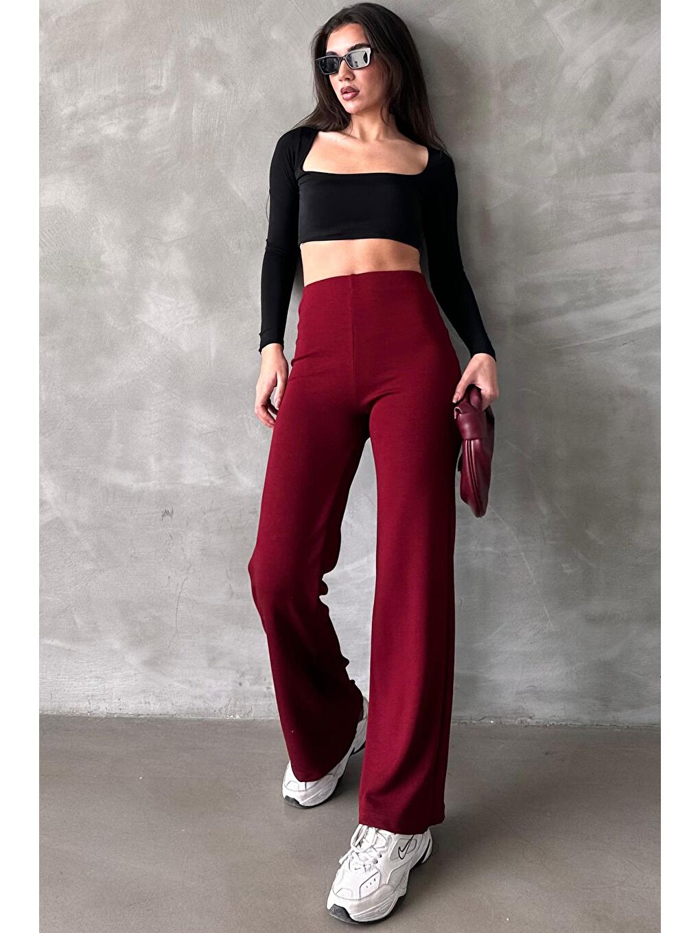 Bordo Yüksek Bel Düz Model Kadın İspanyol Paça Tayt Pantolon Mg2288-1
