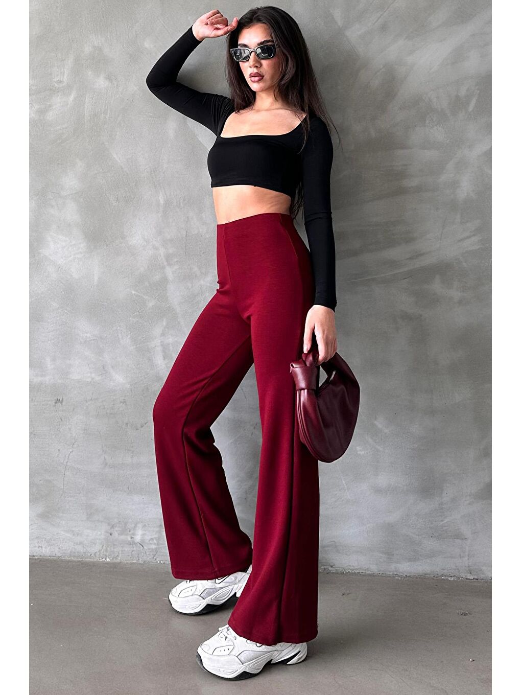 Bordo Yüksek Bel Düz Model Kadın İspanyol Paça Tayt Pantolon Mg2288-2