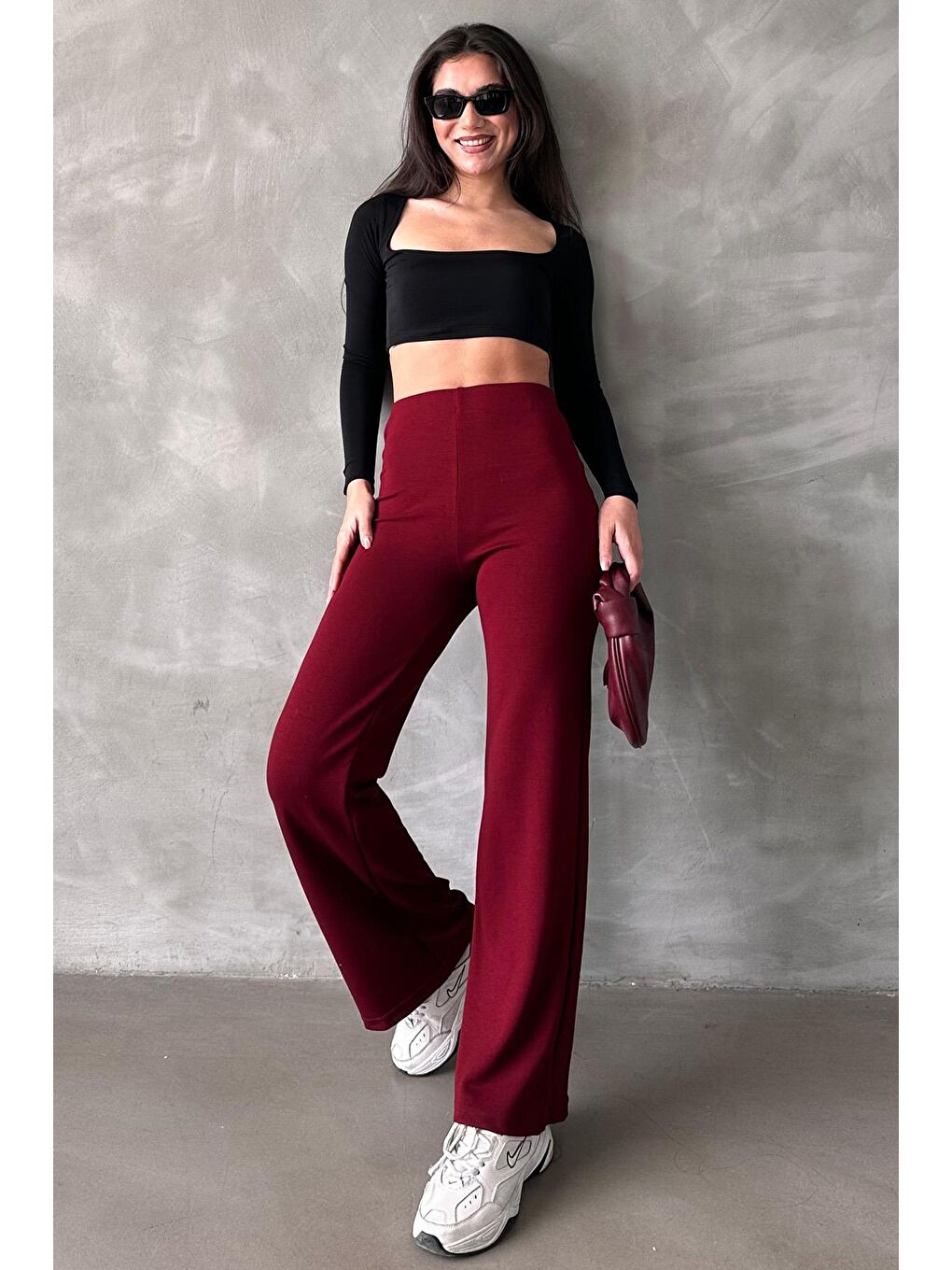 Bordo Yüksek Bel Düz Model Kadın İspanyol Paça Tayt Pantolon Mg2288-3