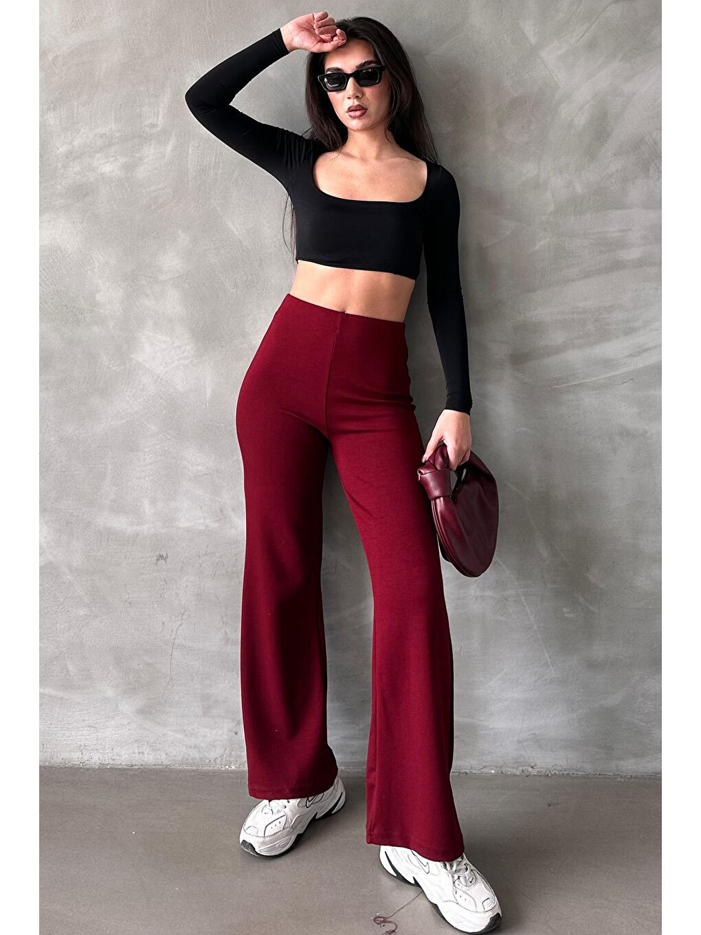 Bordo Yüksek Bel Düz Model Kadın İspanyol Paça Tayt Pantolon Mg2288-4
