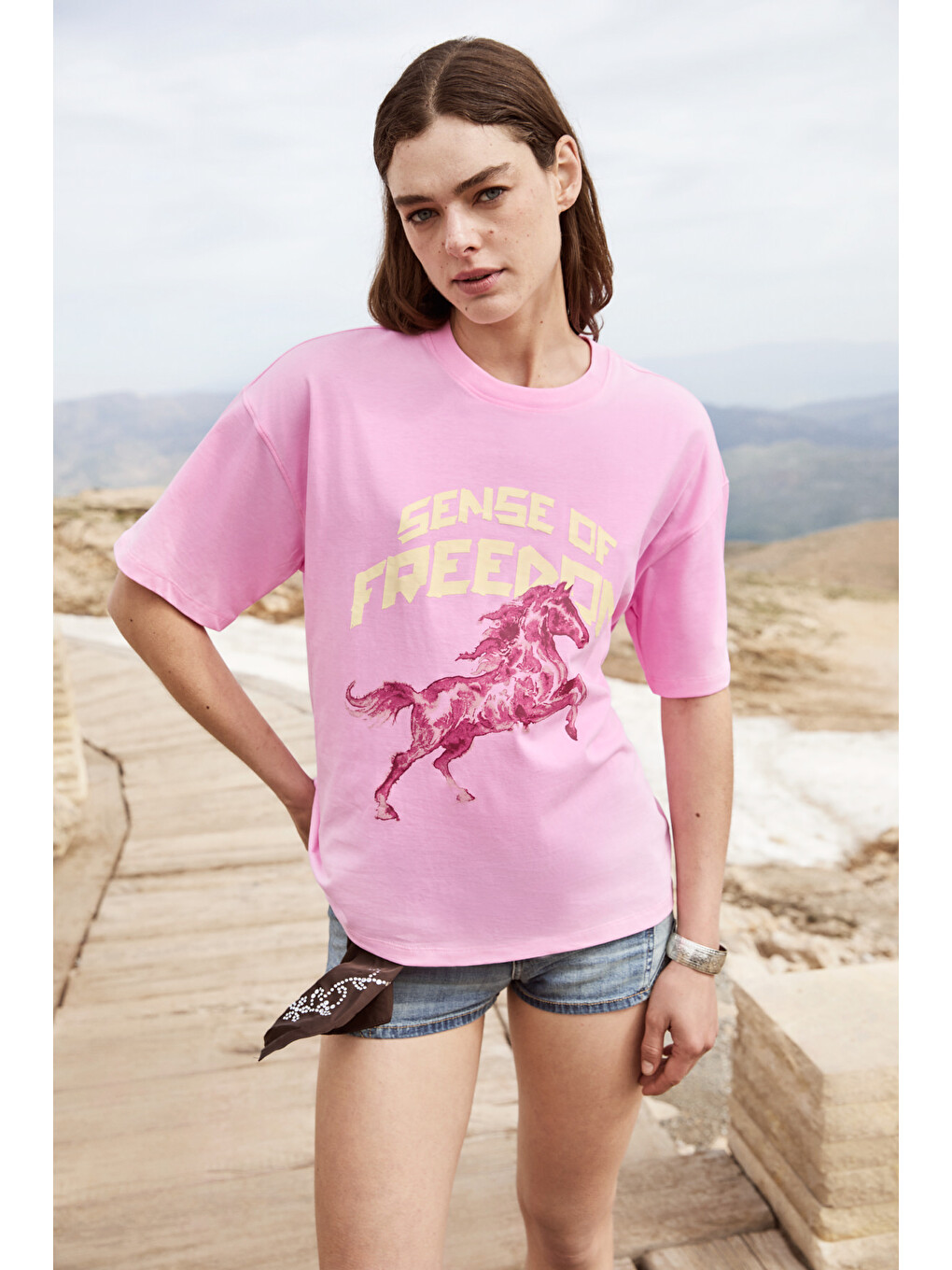 Iratı Kadın Yumuşak Kumaşlı %100 Organik Pamuklu Baskı Detaylı Oversize Pembe T-shirt-3
