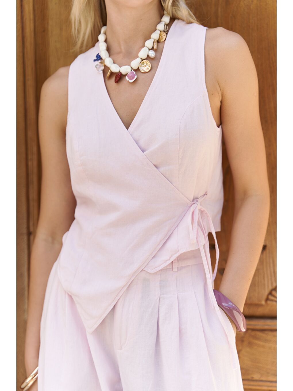 Moibel Bağcık Detay Pembe Crop Pantolon Takım-5