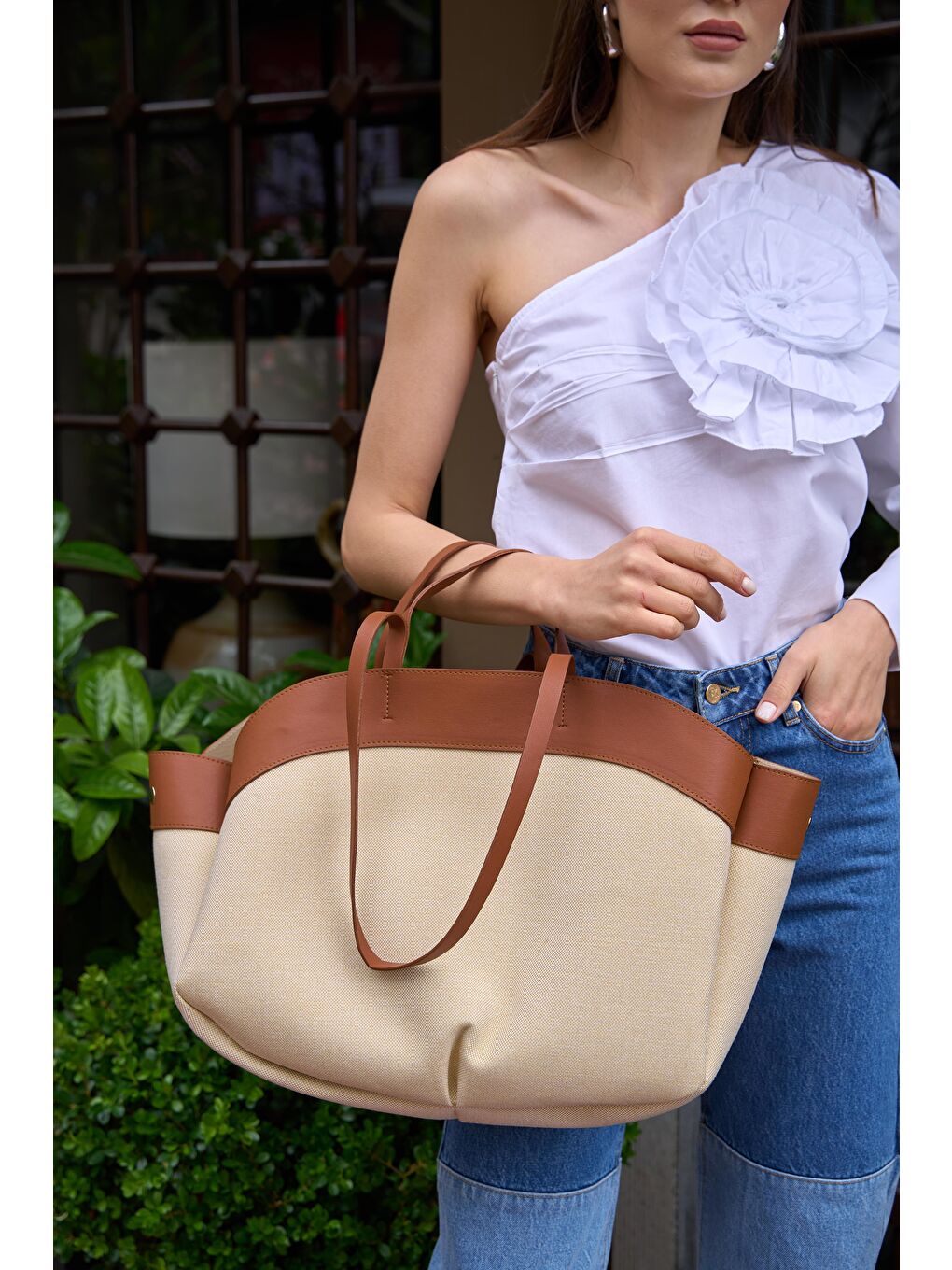 Kahverengi Kontrast Tote Çanta Taba