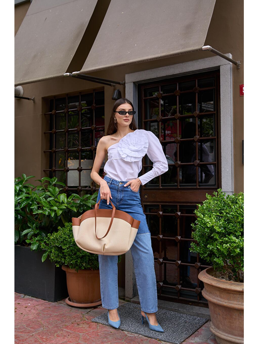 Kahverengi Kontrast Tote Çanta Taba-1