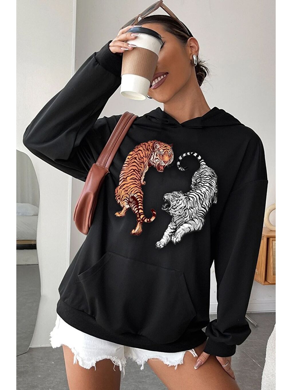 uyguntarz Siyah Unisex Tiger Baskılı Sweatshirt