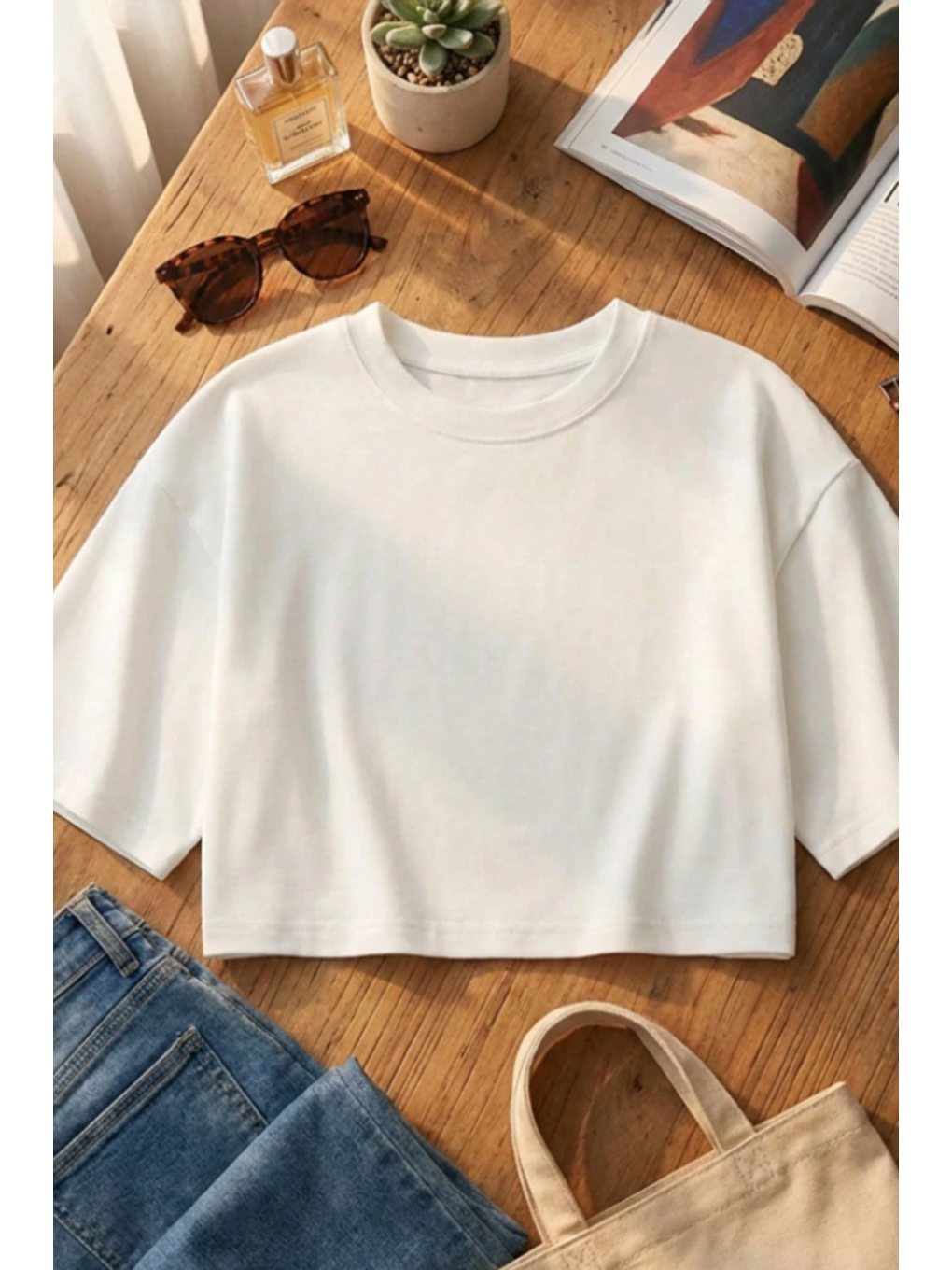 Kadın Beyaz Bisiklet Yaka Oversize Crop Tişört - %100 Pamuklu Basic Kısa Kol-1