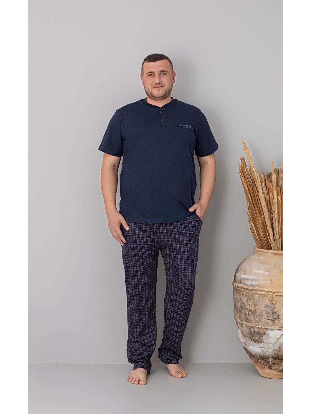 Lacivert Erkek %100 Organik Pamuk Ekose Kısa Kollu Düğmeli Doğal Battal Pijama Takımı