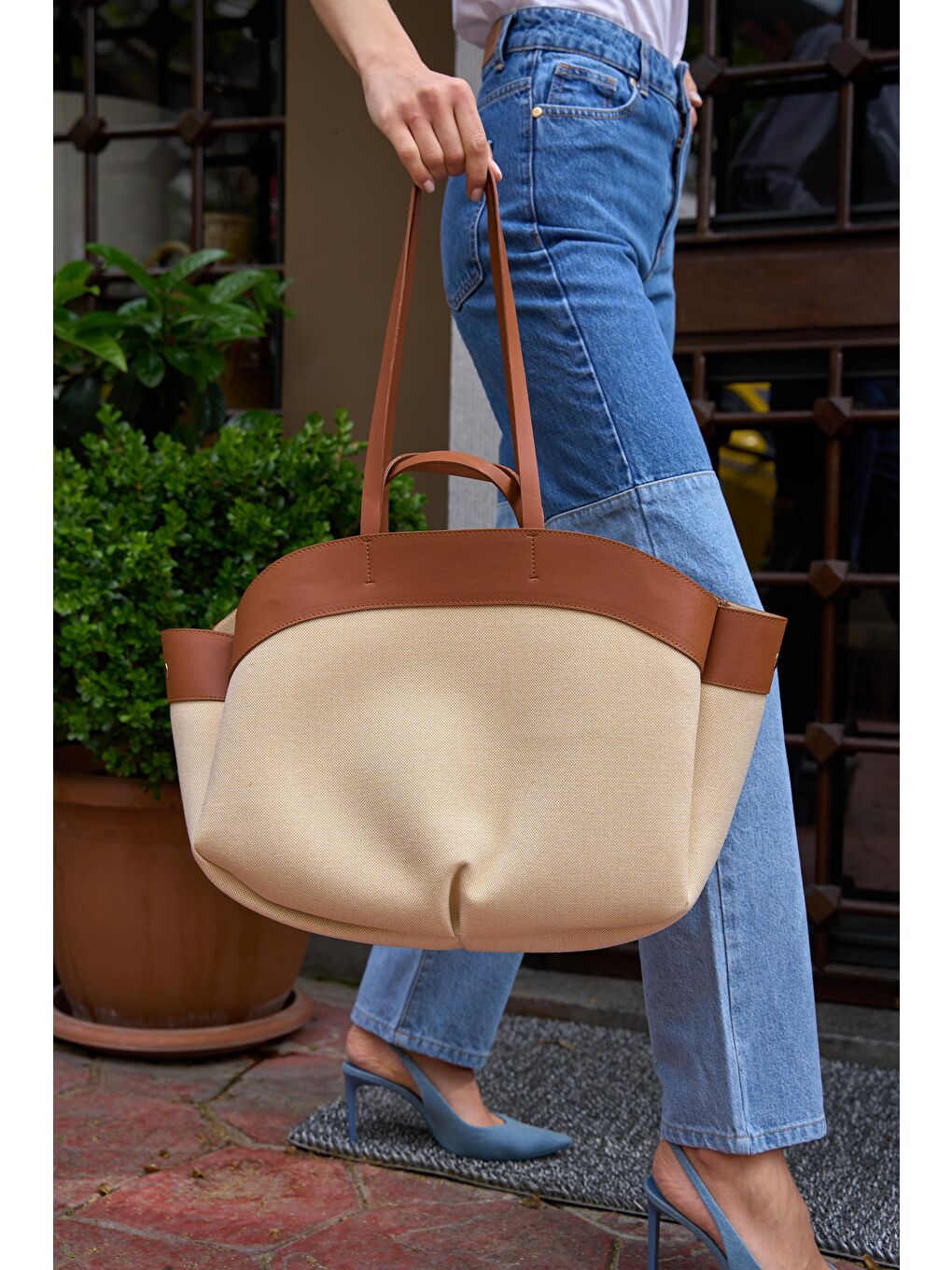 Kahverengi Kontrast Tote Çanta Taba-2
