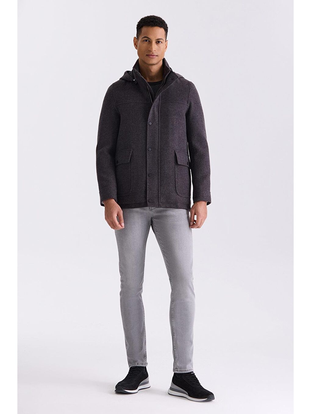 Bordo Comfort Fit Hakim Yaka Desenli Kapüşonlu Yünlü Spor Kaban-1