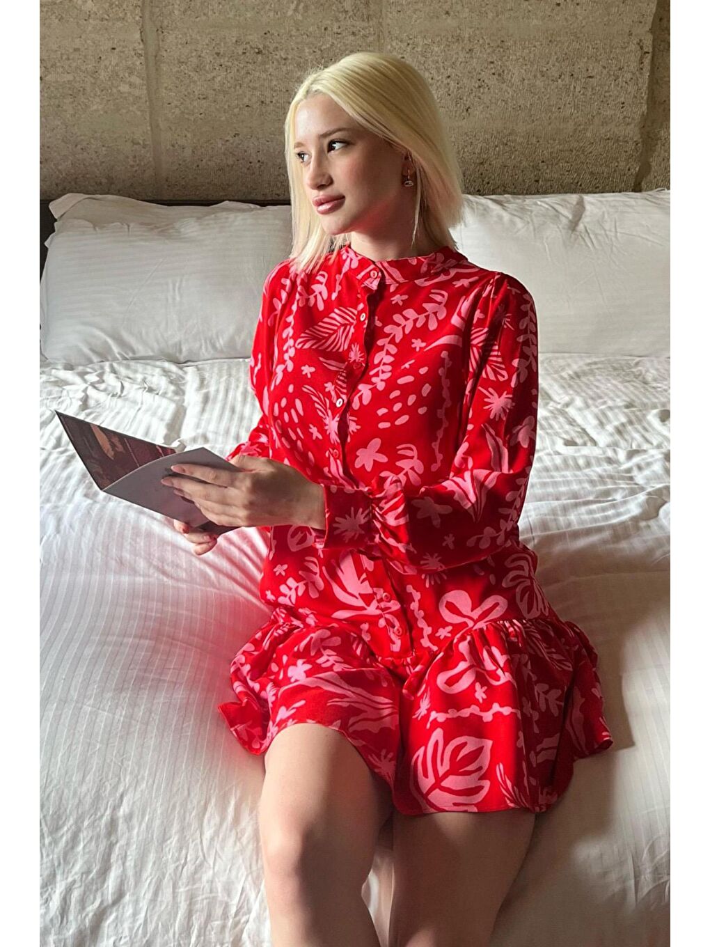 Pembe Desenli Kısa Kadın Elbise Mg2429