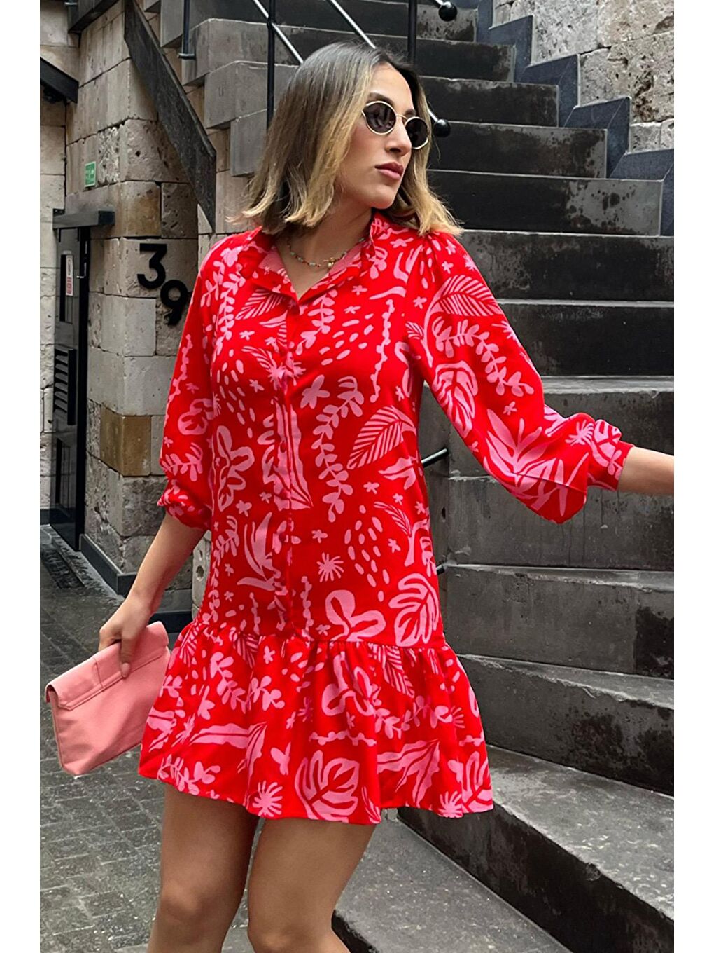 Pembe Desenli Kısa Kadın Elbise Mg2429-1