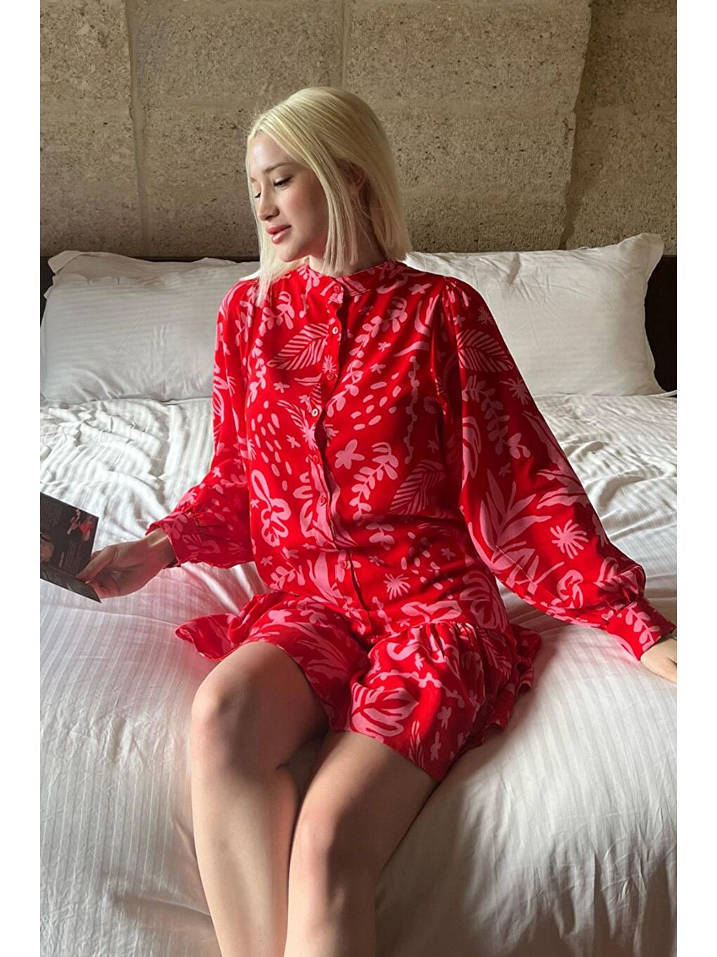 Pembe Desenli Kısa Kadın Elbise Mg2429-2