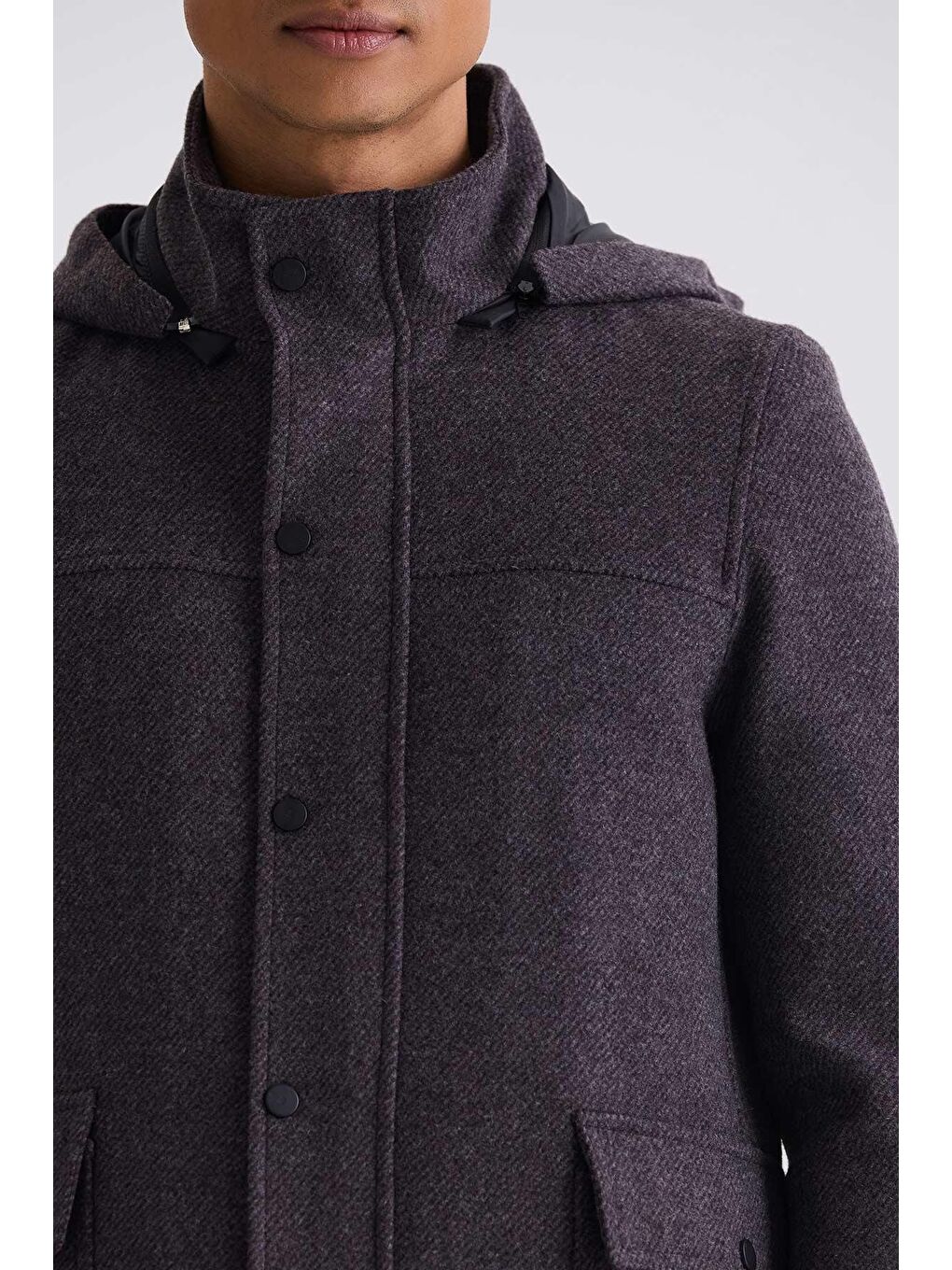 Bordo Comfort Fit Hakim Yaka Desenli Kapüşonlu Yünlü Spor Kaban-2