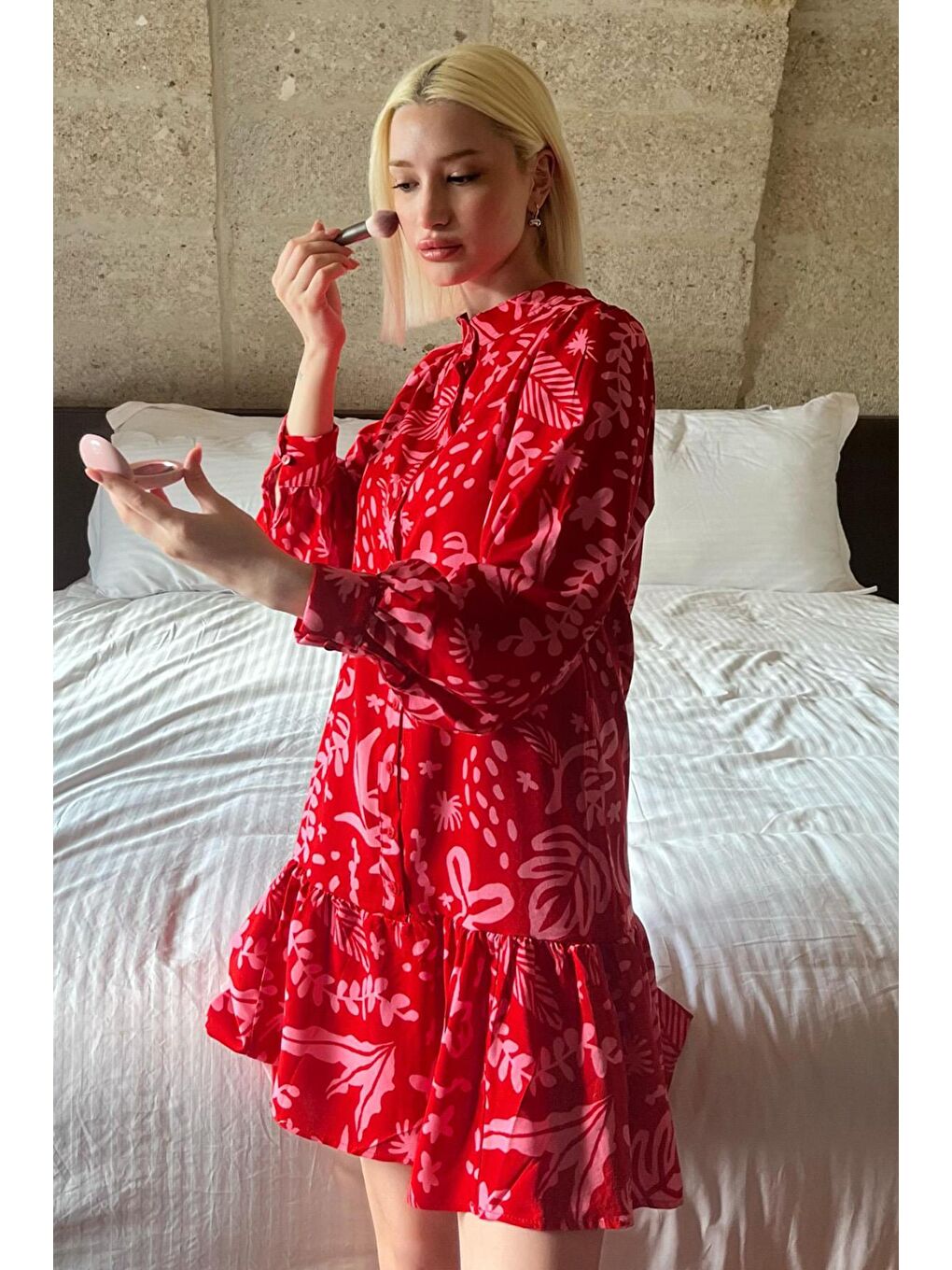 Pembe Desenli Kısa Kadın Elbise Mg2429-4