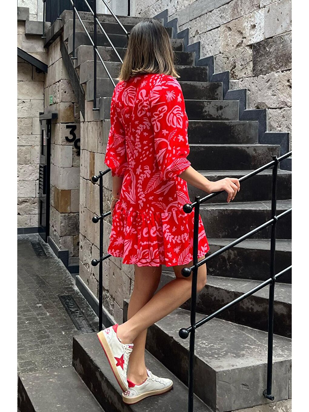 Pembe Desenli Kısa Kadın Elbise Mg2429-5