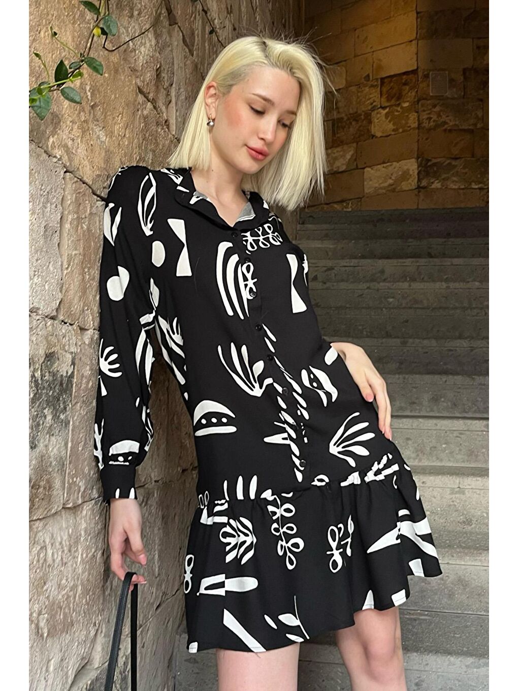 Beyaz Desenli Kısa Kadın Elbise Mg2429-1