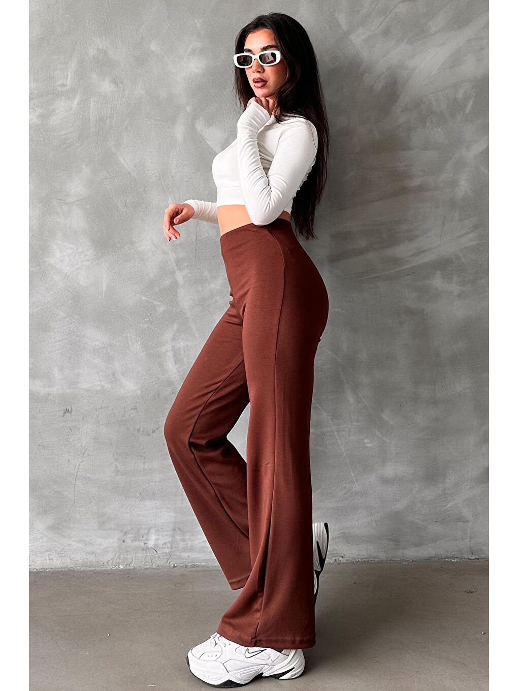 Kahverengi Yüksek Bel Düz Model Kadın İspanyol Paça Tayt Pantolon Mg2288-1