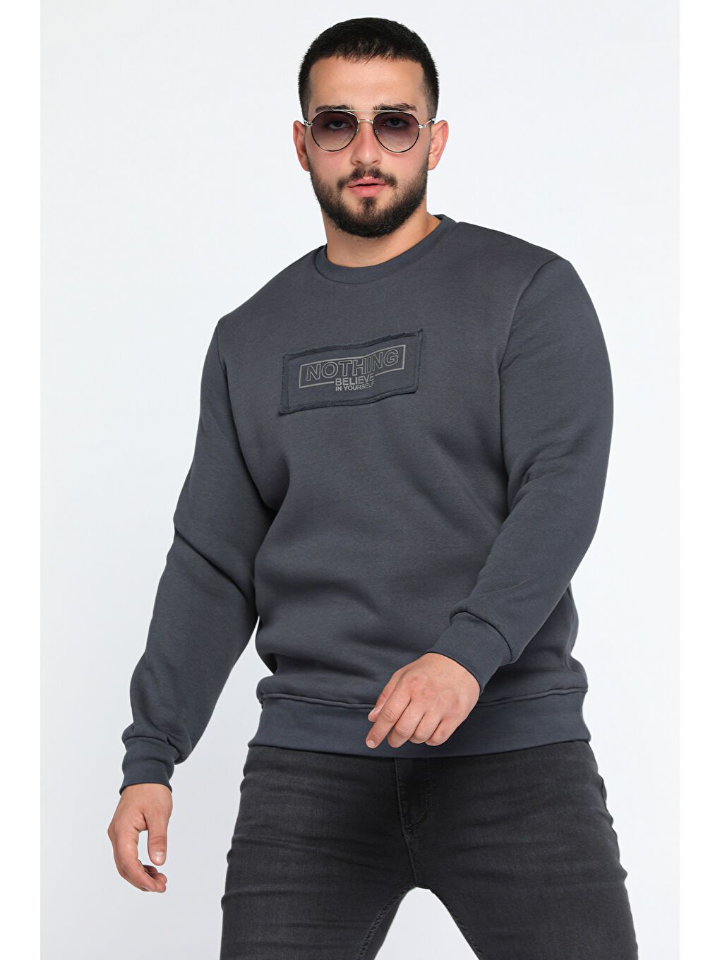 Mishar İtalia Gri Erkek Yazı Baskılı Şardonlu Üç İplik Sweatshirt